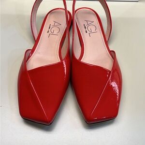 AGL Red Patent Slingback Flats | Italian Designer Square Toe Shoes NWT
